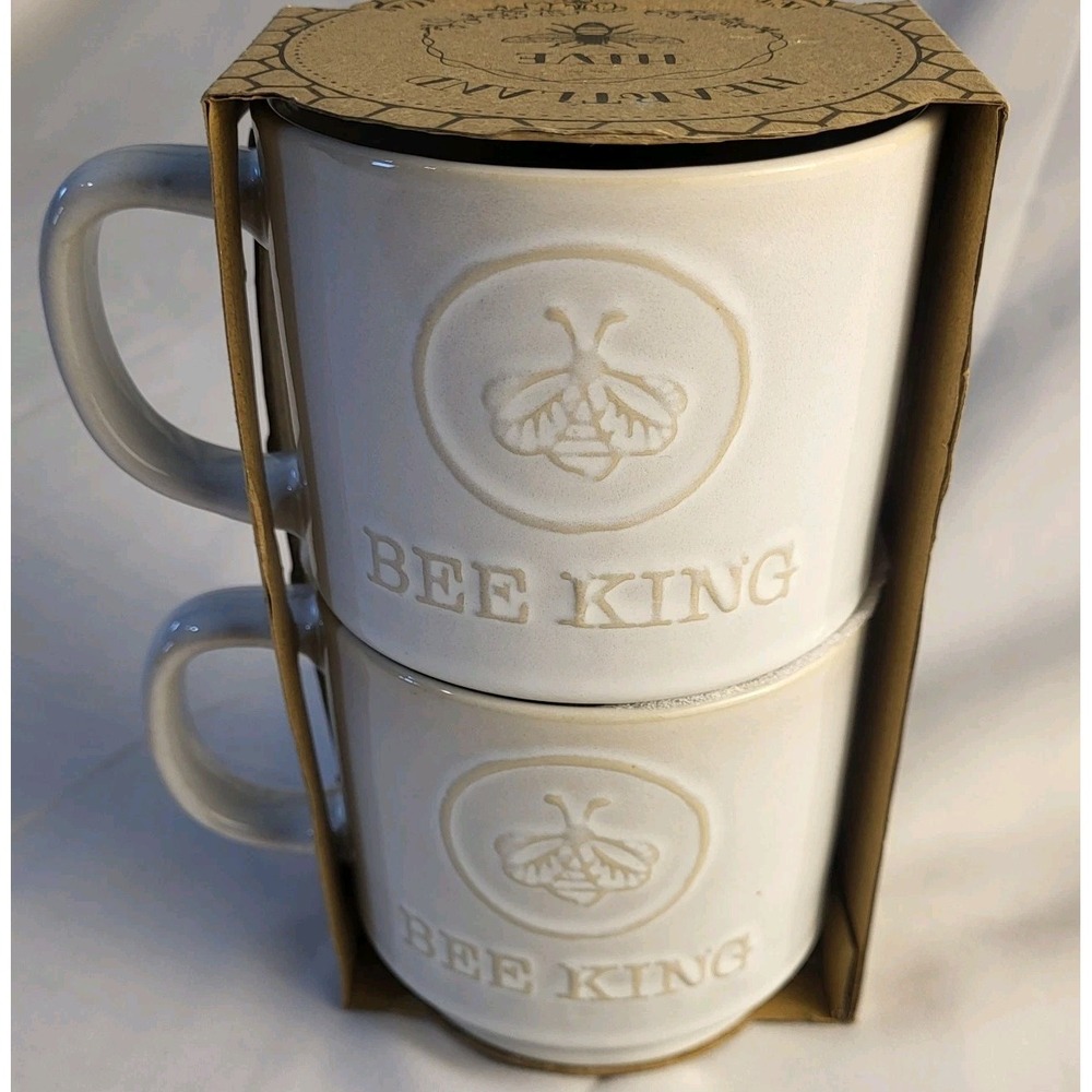 New Set of 2 Heartland Hive Bee King 12oz Ceramic Stackable Coffee Mugs Cups